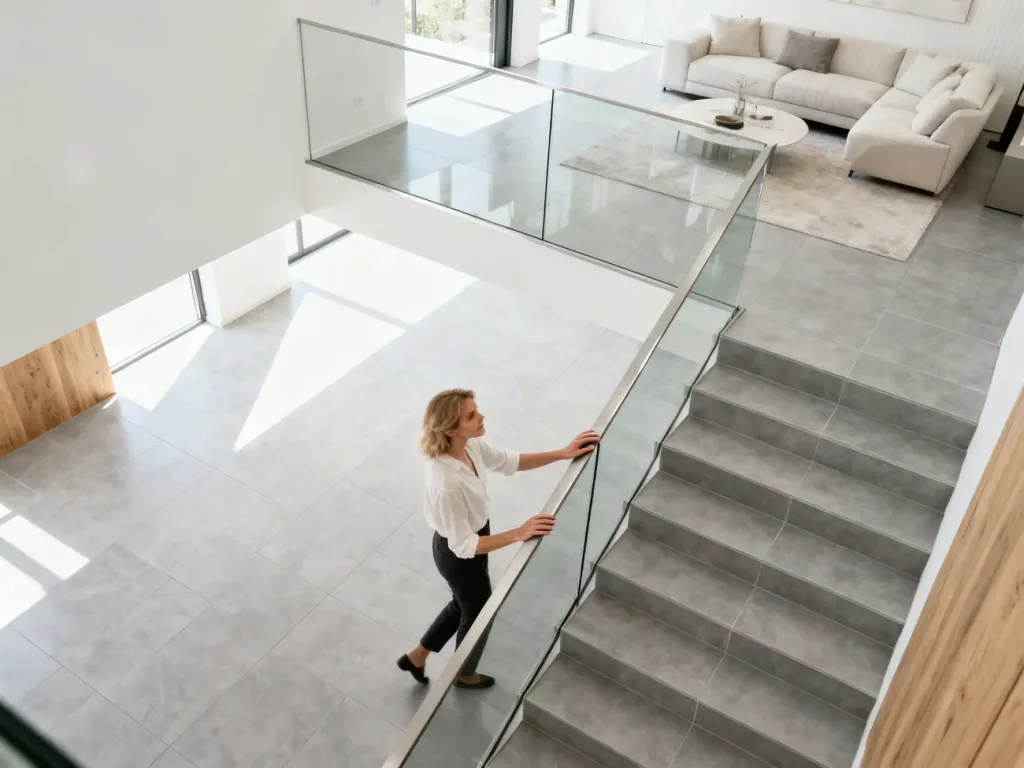 Kobieta schodzi po nowoczesnych schodach wykończonych wielkoformatowymi szarymi płytkami z elegancką szklaną balustradą.