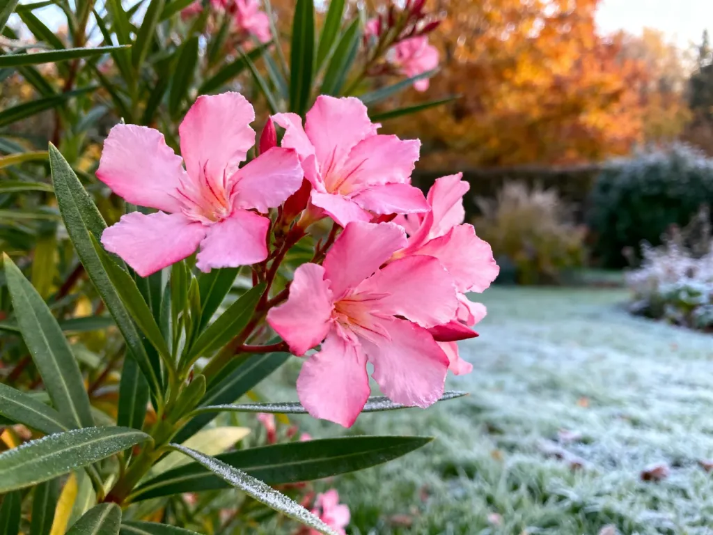 Zbliżenie na kwitnący na różowo oleander w ogrodzie z widocznym na trawie jesiennym szronem.