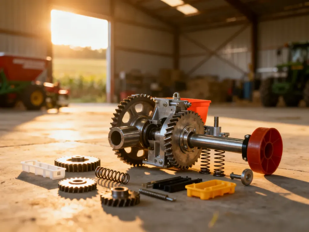 Rozłożony na części mechanizm rozsiewacza nawozu typu lejek, ułożony w porządku na podłodze warsztatu.