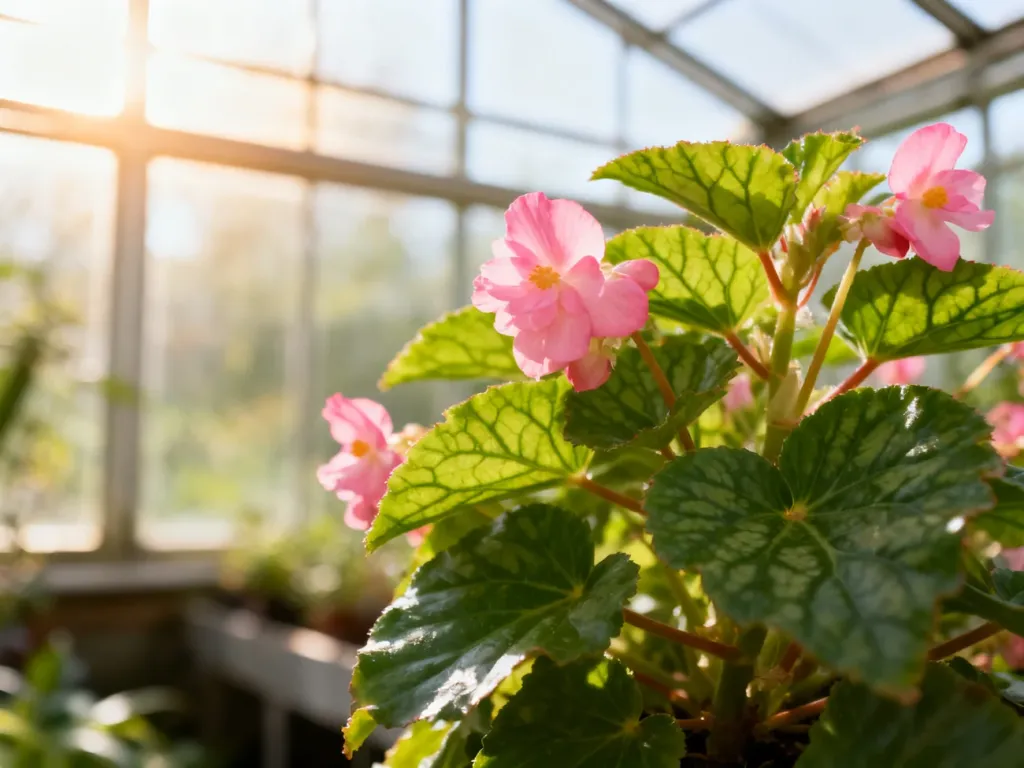 Kwitnąca begonia z różowymi kwiatami i zielonymi liśćmi w słonecznej szklarni.