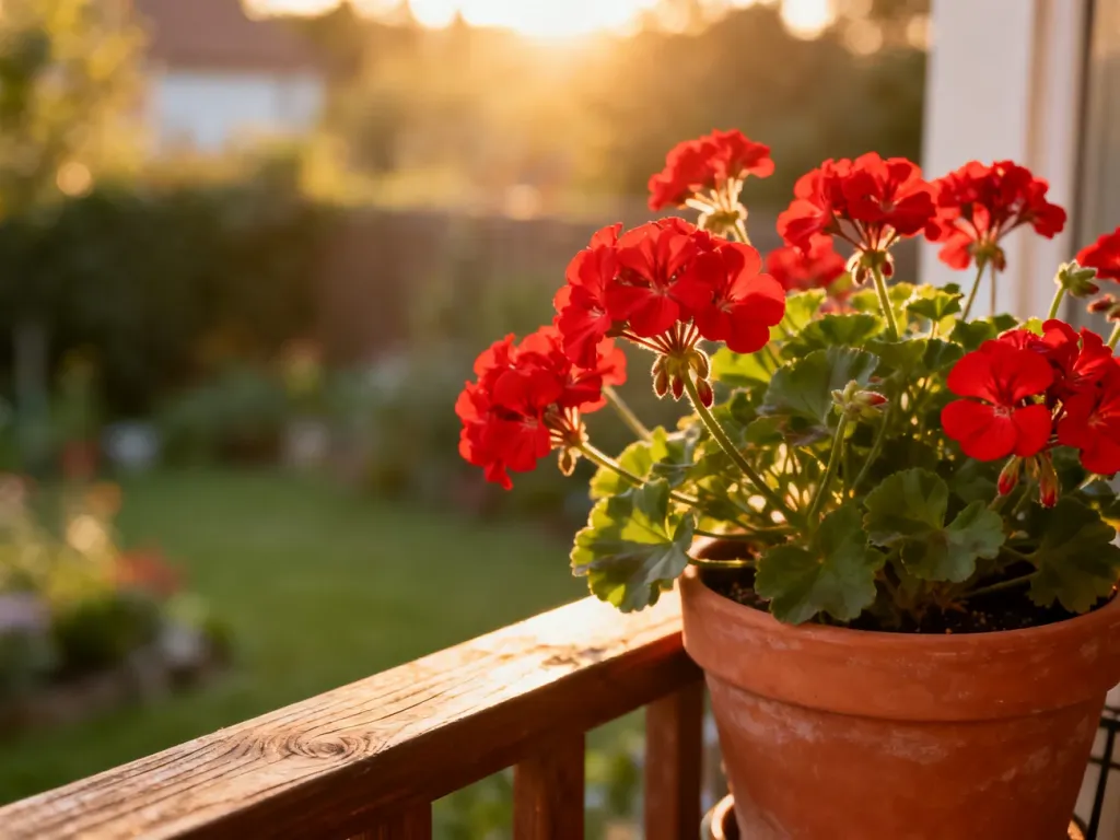 Czerwone pelargonie w terakotowej doniczce na drewnianej balustradzie w promieniach popołudniowego słońca.